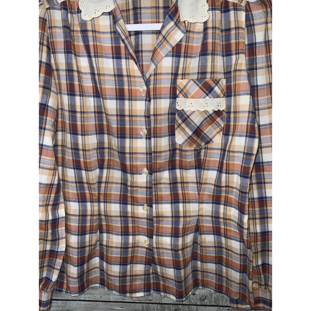 Vintage Underground S.F Womens Brown Plaid Button Front Blouse Size Medium - Picture 2 of 5